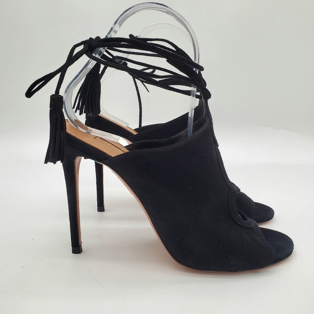 AQUAZZURA Black Suede Fringe Heels 37.5